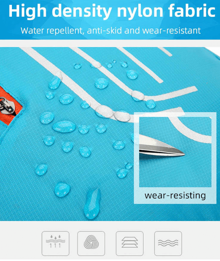 Close-up of high-density nylon fabric on cycling backpack showing water-repellent and wear-resistant features with raindrops.